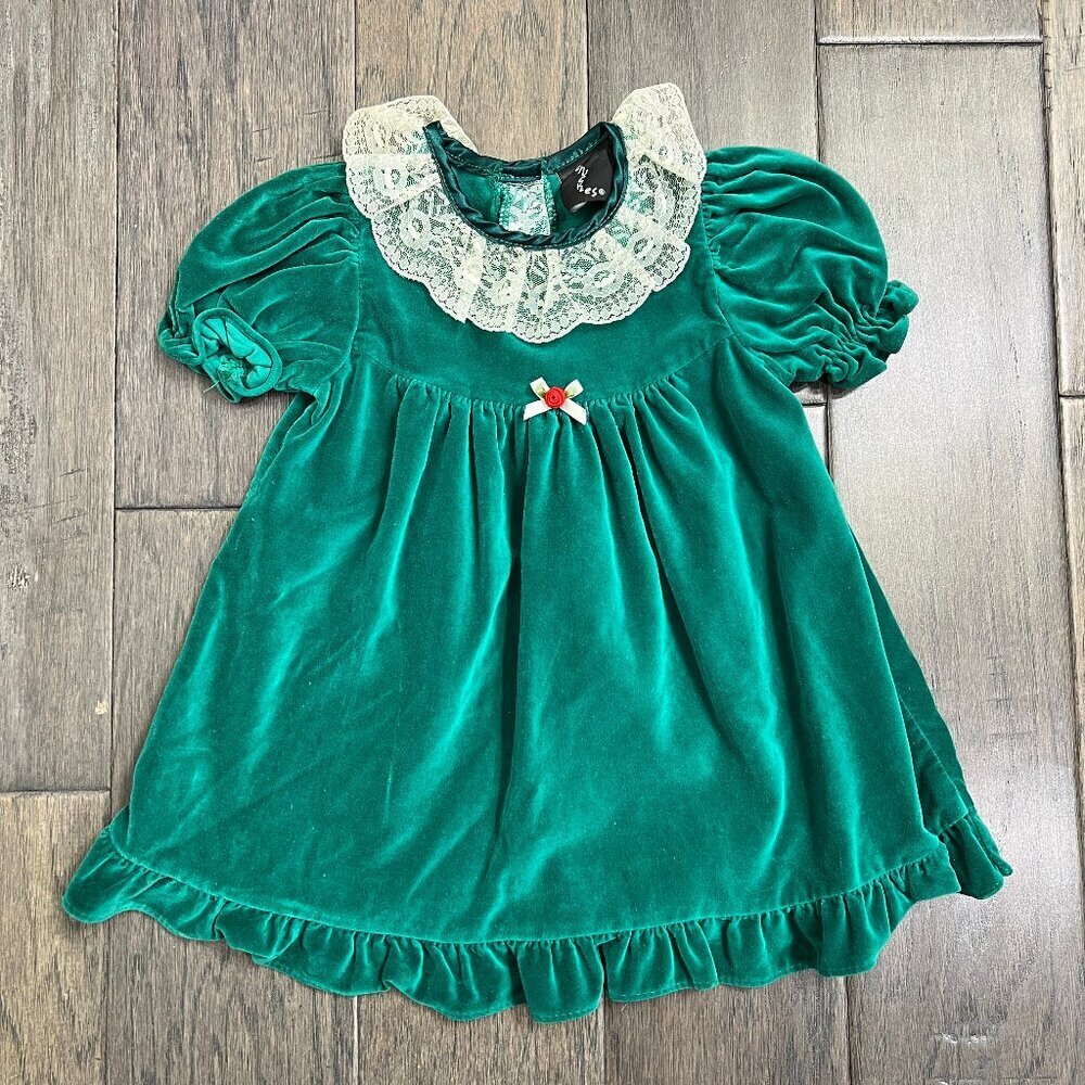 Vtg 90s Chuckles Emerald Green Velvet Lace Holiday Dress 24M Canada